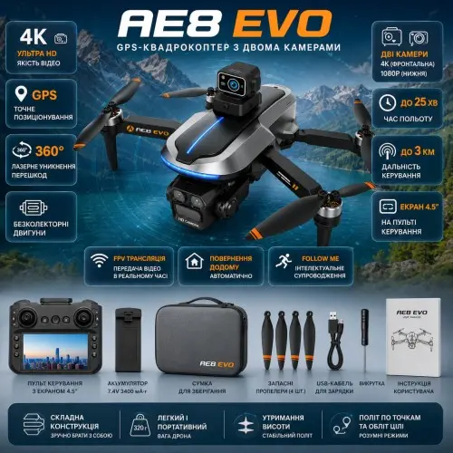 Квадрокоптер AE8 ​​EVO — дрон із двома камерами 4K та 1080P, FPV, GPS, безколекторними моторами, лазерним уникненням перешкод 360°, пультом з екраном 4.5”, до 3000 м, до 25 хвилин, у сумці (сірий)