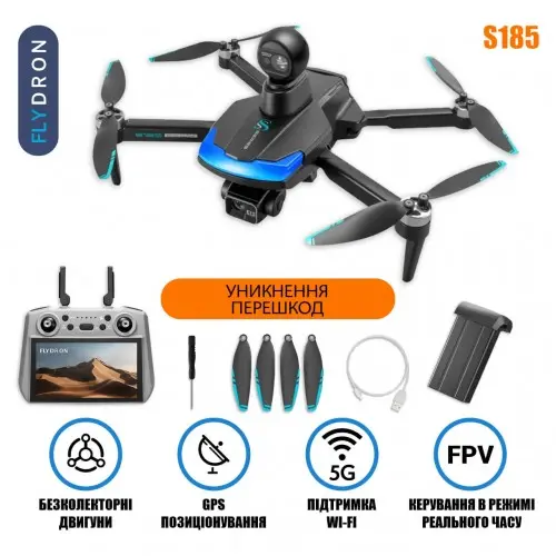 Квадрокоптер S185 Black – дрон з 2.7K і HD камерами, БК мотори, FPV, GPS, 5G Wi-Fi, EIS, 3-осьовий підвіс, Уникнення перешкод, Сенсорний екран 7,2" на пульті, до 23 хвилин, до 5 км, Сумка